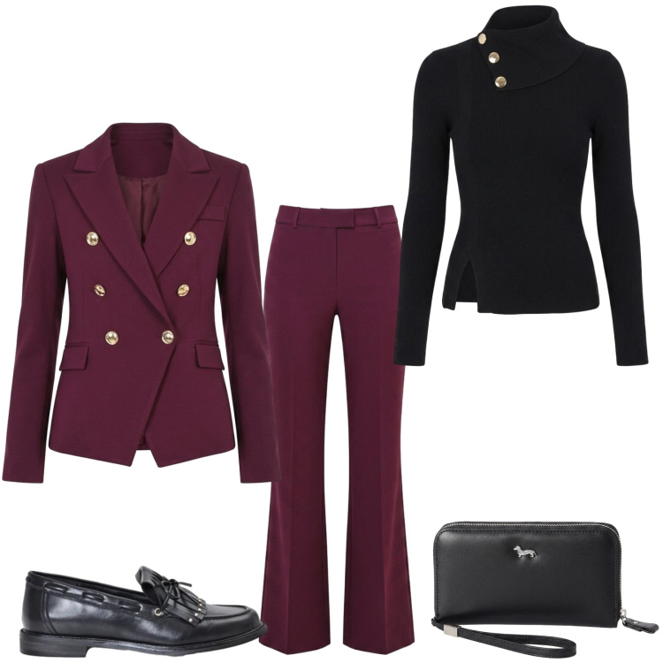 Outfit donna - Total look #2500019. Stile Chic per Ufficio. Abbinamento con portafogli, mocassini, pantaloni, maglieria, blazer.
