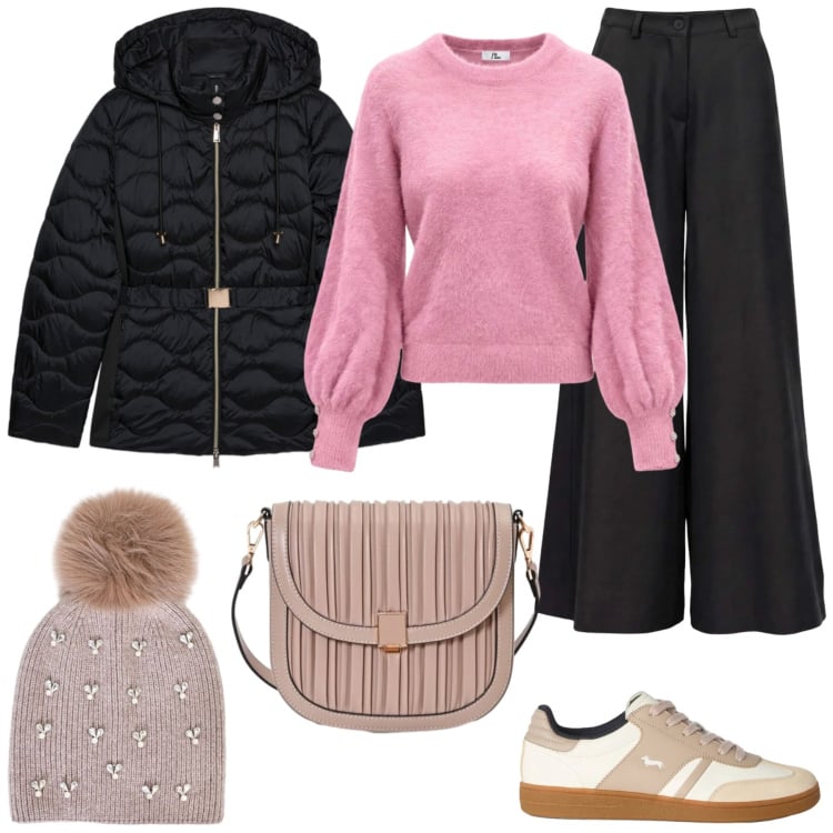 Outfit donna - In pink. Stile Casual chic per Tutti i giorni. Abbinamento con pantaloni a palazzo, maglieria, sneakers, piumini, borse a tracolla, cappelli.