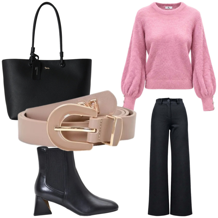 Outfit donna - Rosa e nero chic. Stile Casual chic per Tutti i giorni. Abbinamento con maglieria, pantaloni, shopping bag, cinture, stivaletti.