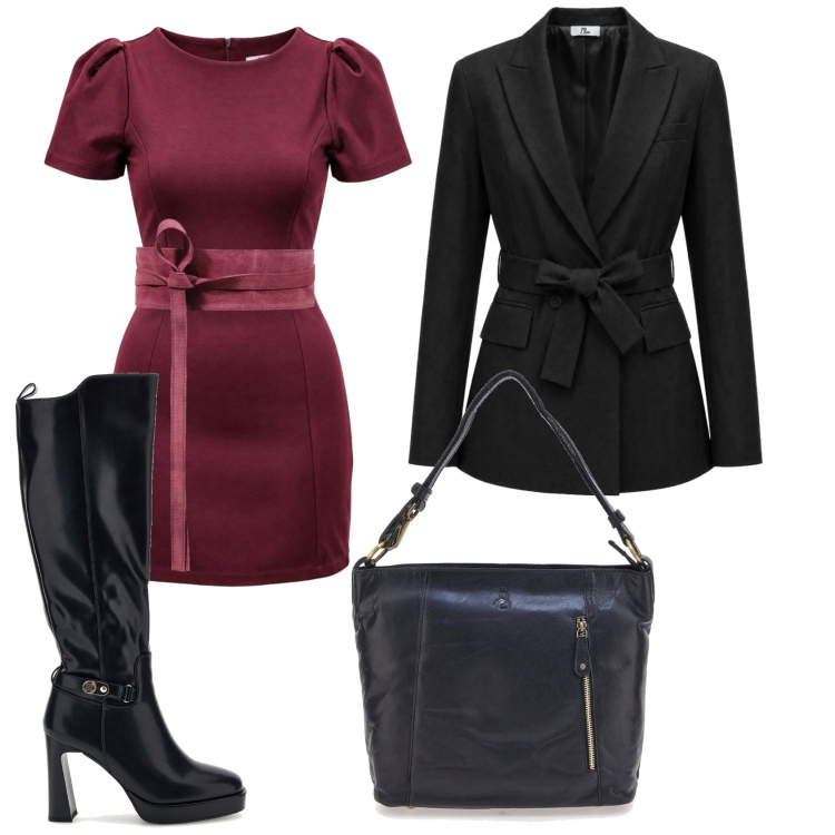 Outfit donna - Total look #2500024. Stile Chic per Serata fuori. Abbinamento con cinture, vestiti midi/longuette, blazer, borse a spalla, stivali.