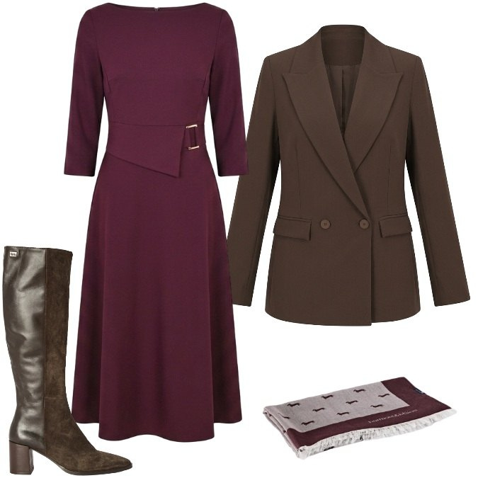 Outfit donna - Total look #2500025. Stile Casual chic per Ufficio. Abbinamento con stivali, sciarpe, vestiti asimmetrici, blazer.