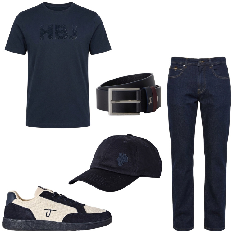 Outfit uomo - Total look #2500027. Stile Casual per Tutti i giorni. Abbinamento con cinture, jeans, sneakers, cappelli con visiera, t-shirt.