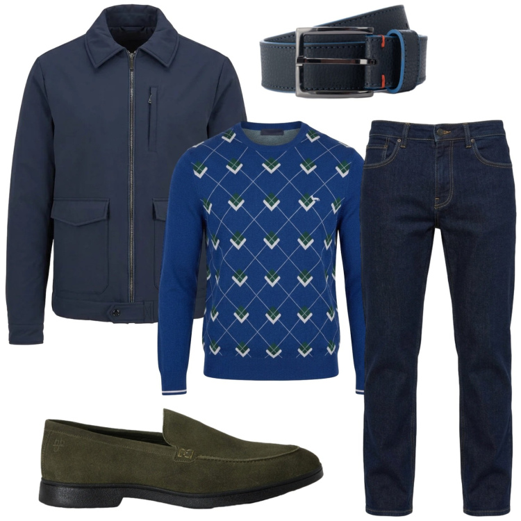 Outfit uomo - Total look #2500028. Stile Trendy per Tutti i giorni. Abbinamento con maglieria, giacche, scarpe stringate, cinture, jeans.