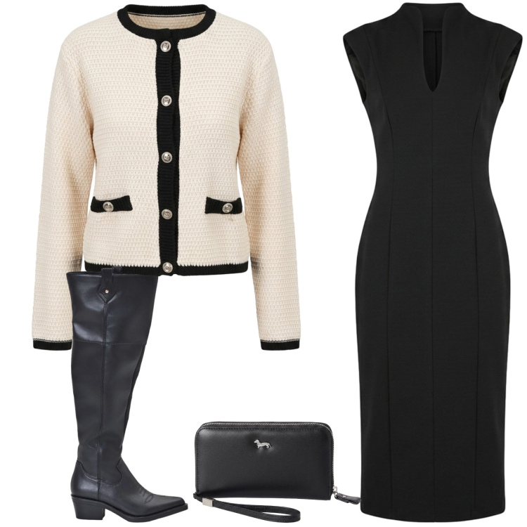 Outfit donna - Total look #2500033. Stile Casual chic per Serata fuori. Abbinamento con portafogli, stivali, cardigans, vestiti midi/longuette.