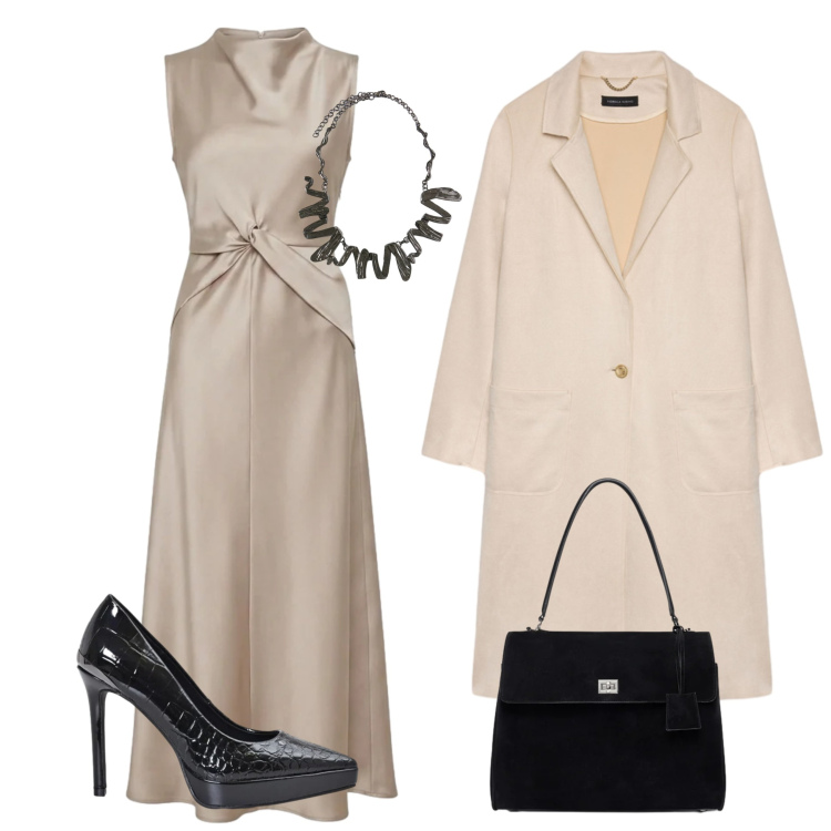 Outfit donna - Nero e beige. Stile Chic per Serata fuori. Abbinamento con cappotti, borse a mano, ciondoli, décolleté, vestiti midi/longuette.
