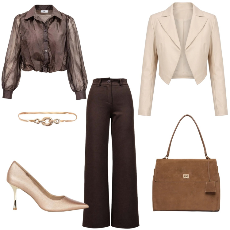 Outfit donna - Total look #2500036. Stile Casual chic per Serata fuori. Abbinamento con camicie, pantaloni, borse a mano, cinture, décolleté, blazer.