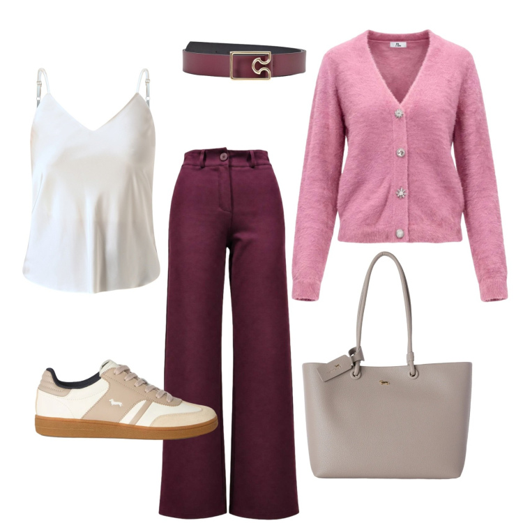 Outfit donna - Total look #2500037. Stile Sporty chic per Tutti i giorni. Abbinamento con pantaloni, cardigans, sneakers, shopping bag, top, cinture.