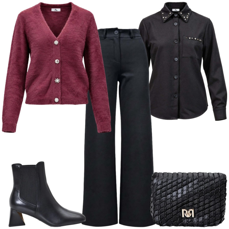 Outfit donna - Total look #2500038. Stile Casual chic per Ufficio. Abbinamento con cardigans, pantaloni, camicie, borse a tracolla, stivaletti.