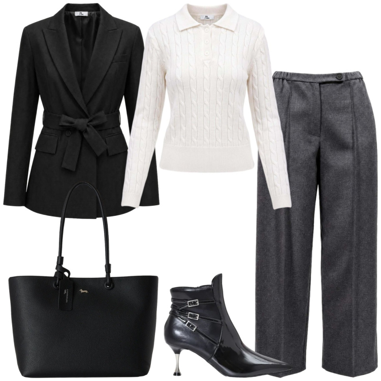 Outfit donna - Total look #2500039. Stile Mannish per Ufficio. Abbinamento con pantaloni, blazer, polo, shopping bag, stivaletti.