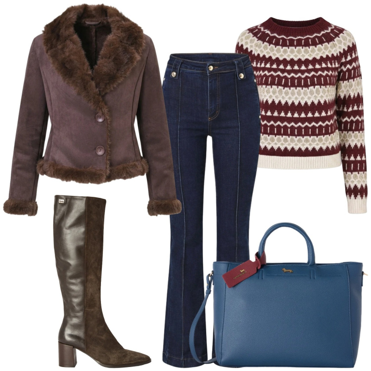 Outfit donna - Total look #2500041. Stile Urban per Tutti i giorni. Abbinamento con borse a mano, stivali, jeans, maglieria, blazer.