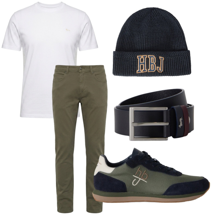 Outfit uomo - Basic. Stile Casual per Tutti i giorni. Abbinamento con pantaloni, t-shirt, cinture, sneakers, berretti.