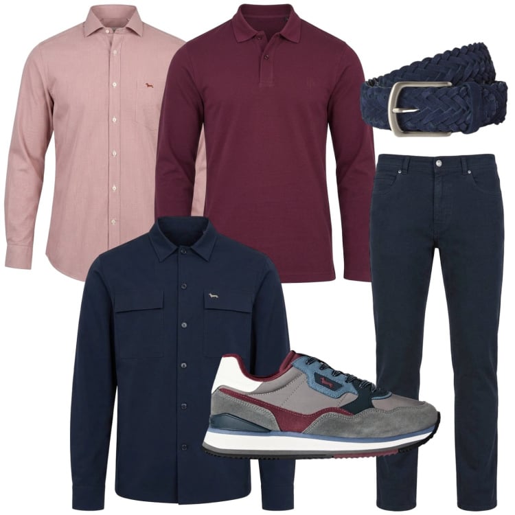Outfit uomo - Polo wine. Stile Casual per Ufficio. Abbinamento con camicie, cinture, cappotti, pantaloni, sneakers, polo.
