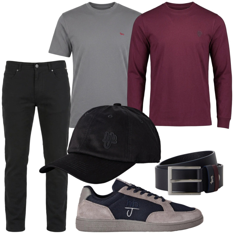 Outfit uomo - Minimal style. Stile Casual per Tutti i giorni. Abbinamento con pantaloni, t-shirt, cinture, sneakers, cappelli con visiera, t-shirt.