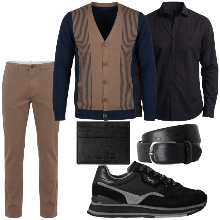 Outfit uomo - Nocciola e black. Stile Casual per Tutti i giorni. Abbinamento con cinture, portafogli, cardigans, pantaloni, sneakers, camicie.