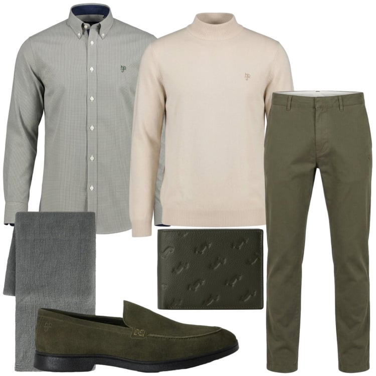 Outfit uomo - Oliva e beige. Stile Casual per Tutti i giorni. Abbinamento con portafogli, sciarpe, pantaloni, maglieria, scarpe stringate, camicie.