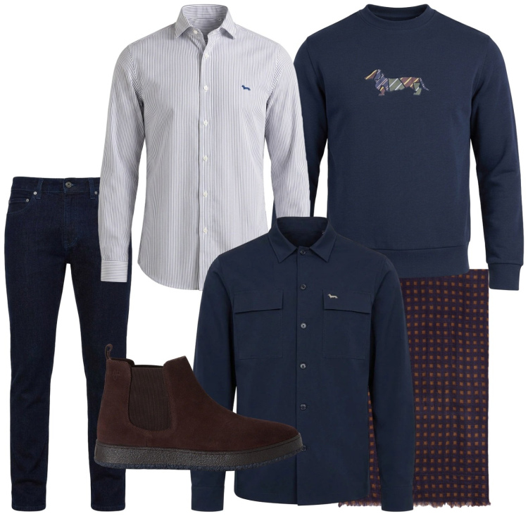 Outfit uomo - Guardaroba essenziale. Stile Trendy per Tutti i giorni. Abbinamento con camicie, felpe, cappotti, jeans, stivali e stivaletti, sciarpe.