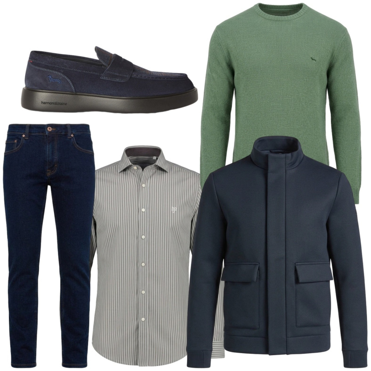 Outfit uomo - Mood essenziale. Stile Casual per Tutti i giorni. Abbinamento con scarpe stringate, giacche, camicie, jeans, maglieria.