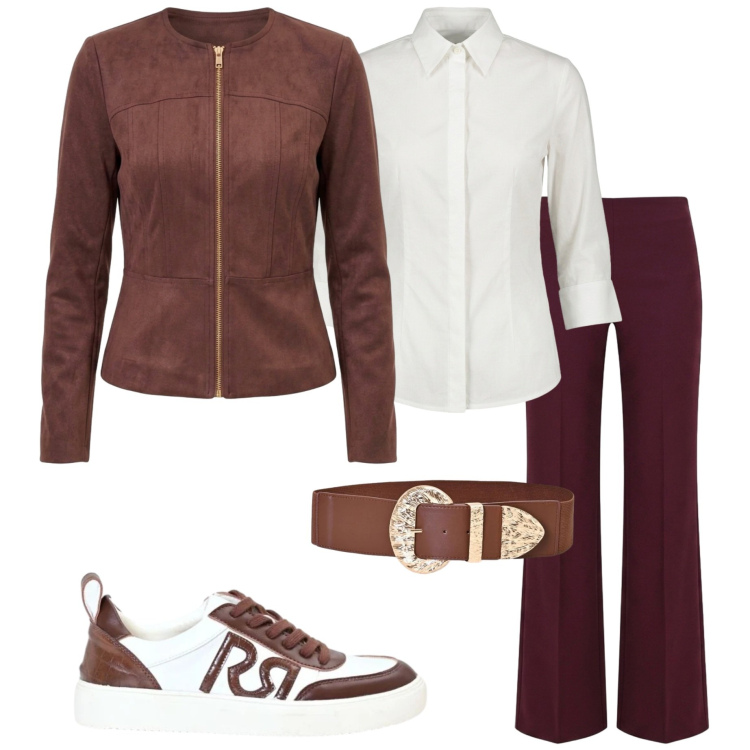 Outfit donna - Urban autunnale. Stile Urban per Ufficio. Abbinamento con sneakers, cinture, camicie, pantaloni a palazzo, blazer.