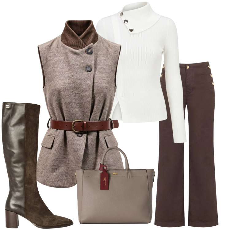 Outfit donna - In città. Stile Urban per Ufficio. Abbinamento con gilet, borse a mano, stivali, pullovers, pantaloni.
