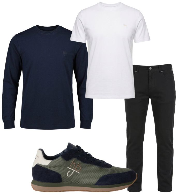 Outfit uomo - Basic style. Stile Casual per Ufficio. Abbinamento con pantaloni, t-shirt, t-shirt, sneakers.
