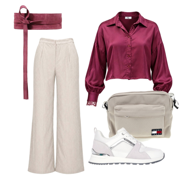 Outfit donna - Ottobre. Stile Casual per Tutti i giorni. Abbinamento con cinture, camicie, pantaloni a palazzo, sneakers alte, borse a tracolla.