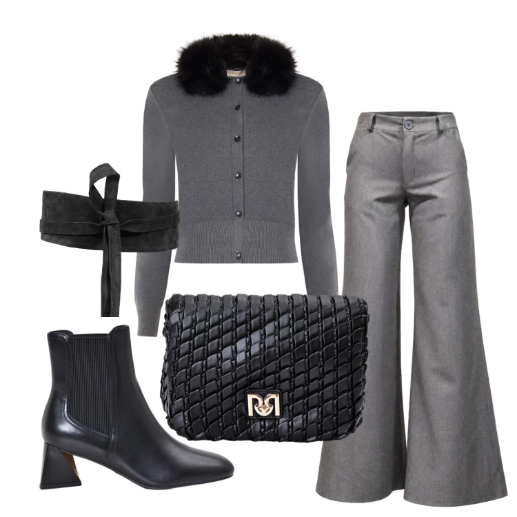 Outfit donna - Ottobre. Stile Trendy per Ufficio. Abbinamento con pantaloni, cinture, borse a tracolla, stivaletti, cardigans.