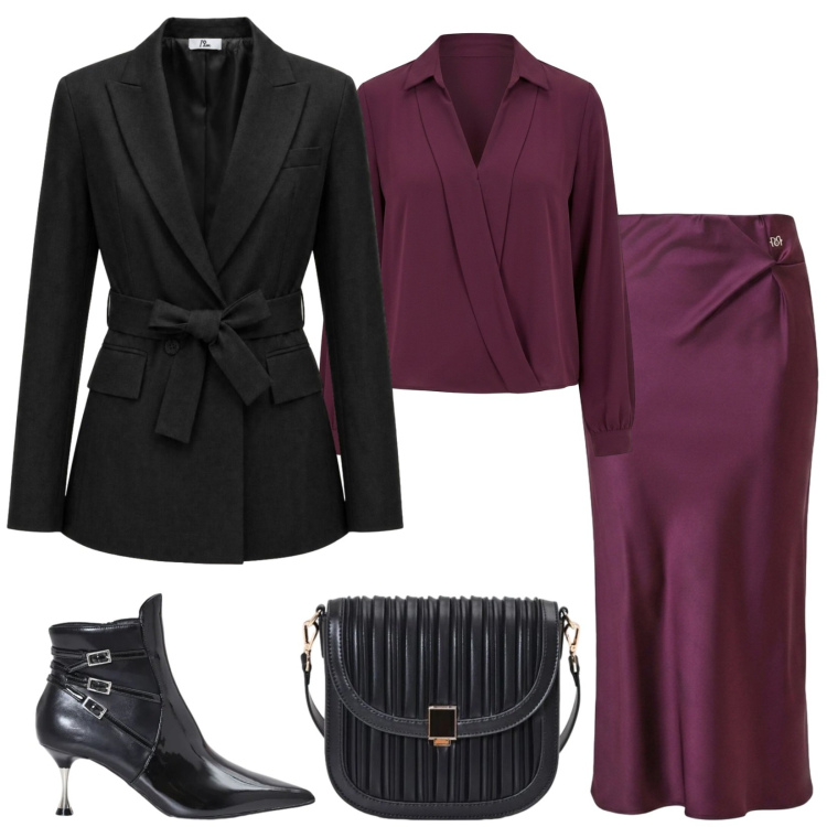 Outfit donna - Total look #2500098. Stile Chic per Serata fuori. Abbinamento con blazer, borse a tracolla, stivaletti, gonne longuette, bluse.