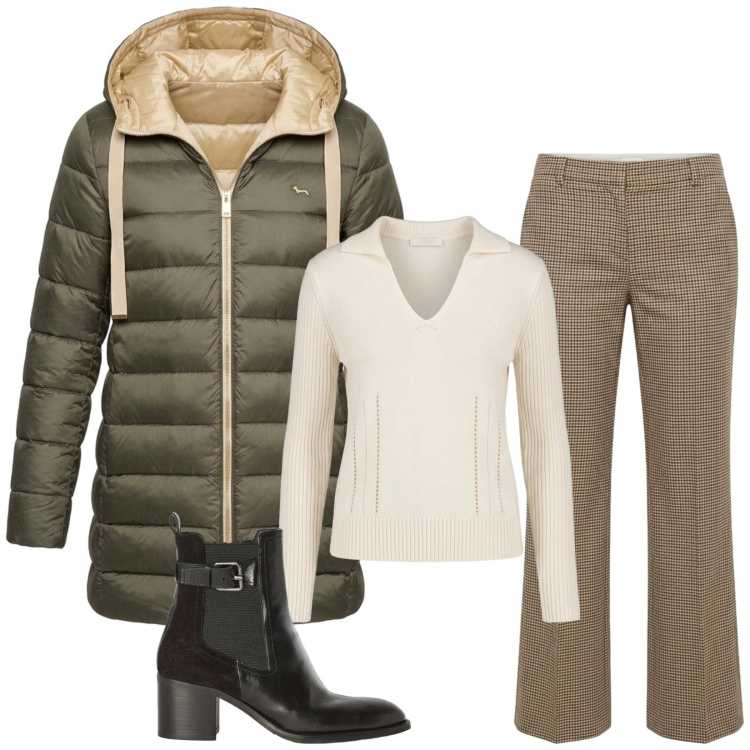 Outfit donna - Total look #2500101. Stile Casual per Tutti i giorni. Abbinamento con piumini, pantaloni, maglieria, stivaletti.