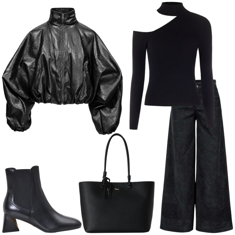Outfit donna - Total look #2500103. Stile Urban per Serata fuori. Abbinamento con pantaloni a palazzo, bomber, shopping bag, stivaletti, maglieria.