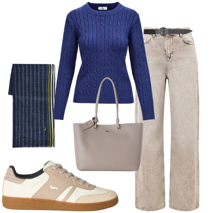 Outfit donna - Casual. Stile Casual per Tutti i giorni. Abbinamento con cinture, maglieria, sneakers, shopping bag, sciarpe, jeans dritti.