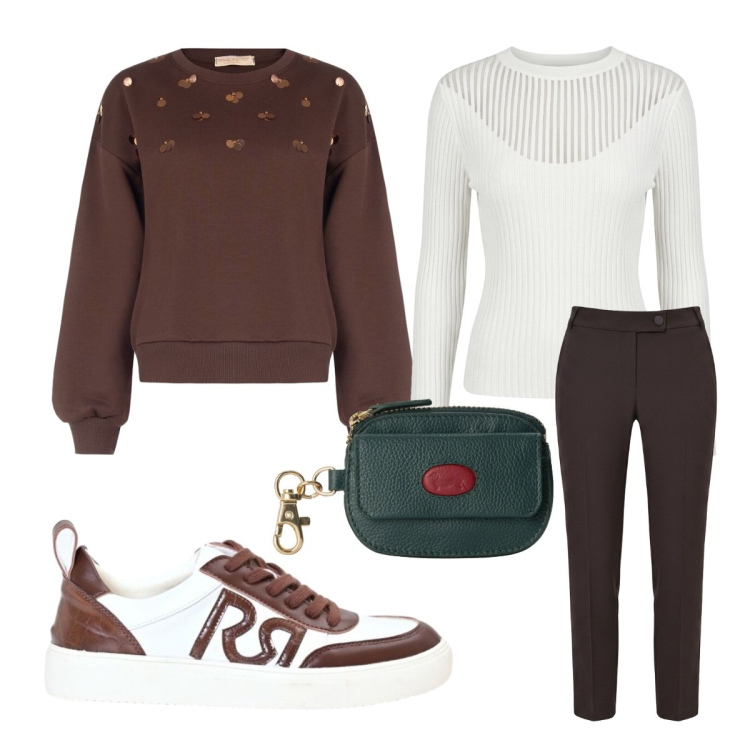 Outfit donna - Ottobre. Stile Sporty chic per Tutti i giorni. Abbinamento con portamonete, sneakers, pantaloni, felpe, maglieria.