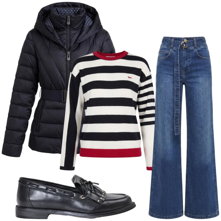 Outfit donna - Total look #2500109. Stile Casual per Tutti i giorni. Abbinamento con maglieria, piumini, jeans, mocassini.