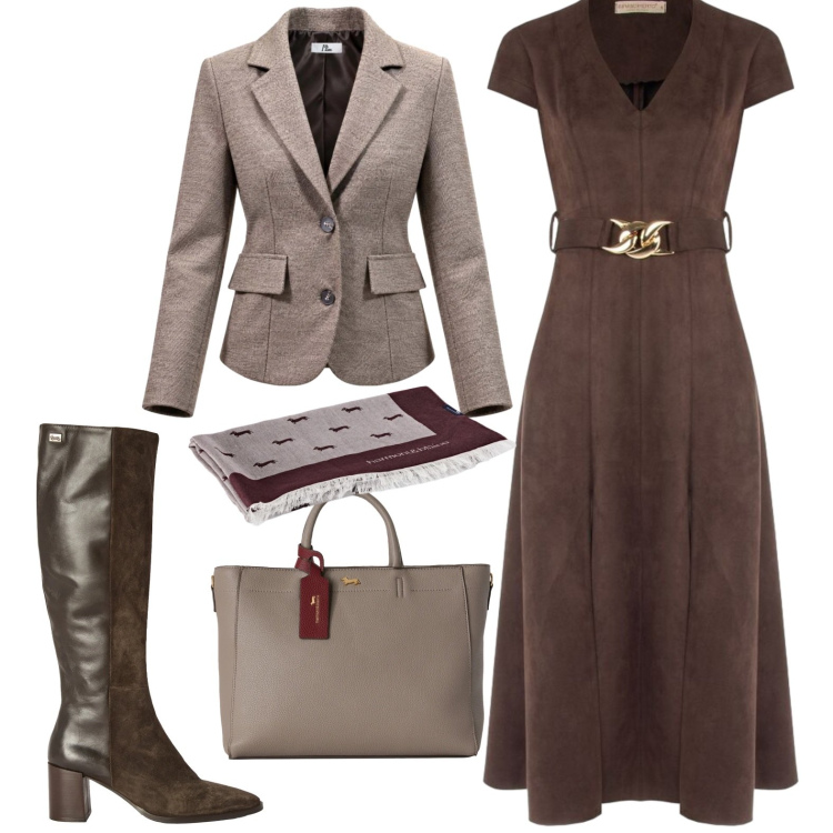 Outfit donna - Ele. Stile Casual chic per Tutti i giorni. Abbinamento con blazer, borse a mano, stivali, sciarpe, vestiti midi/longuette.