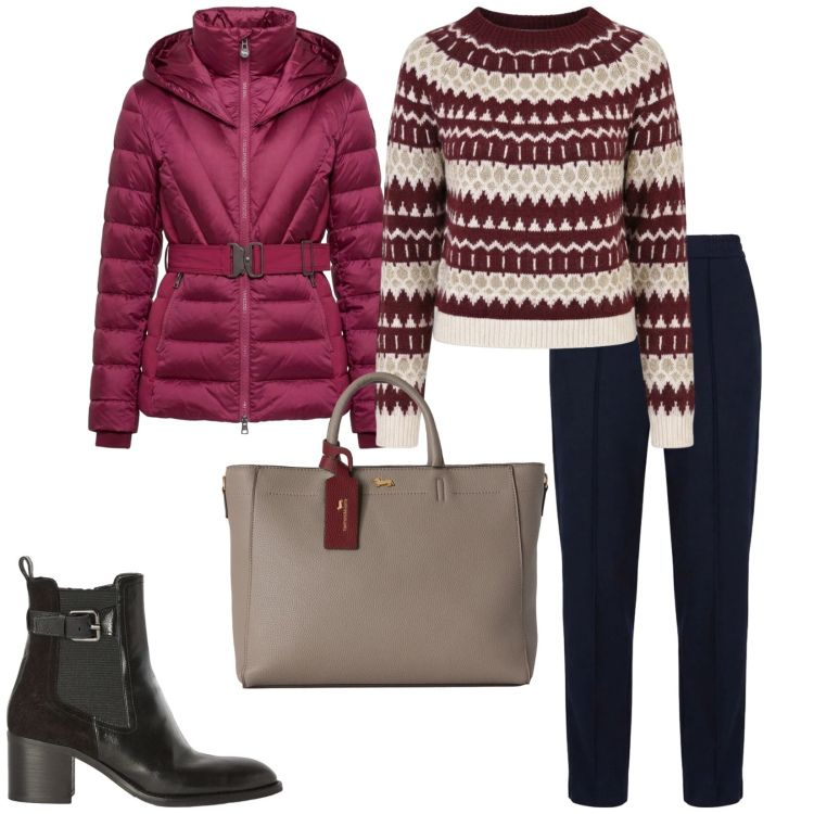 Outfit donna - Il quotidiano. per Tutti i giorni. Abbinamento con borse a mano, pantaloni, piumini, stivaletti, maglieria.