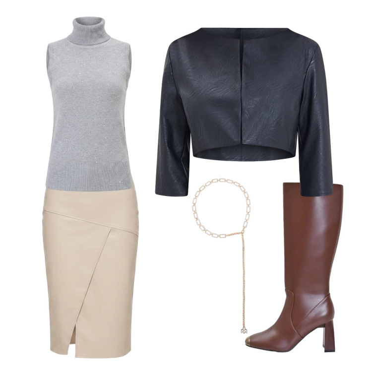 Outfit donna - Incontro di lavoro. Stile Casual chic per Ufficio. Abbinamento con bolero, gonne longuette, stivali sopra il ginocchio, cinture, camicie a manica corta.