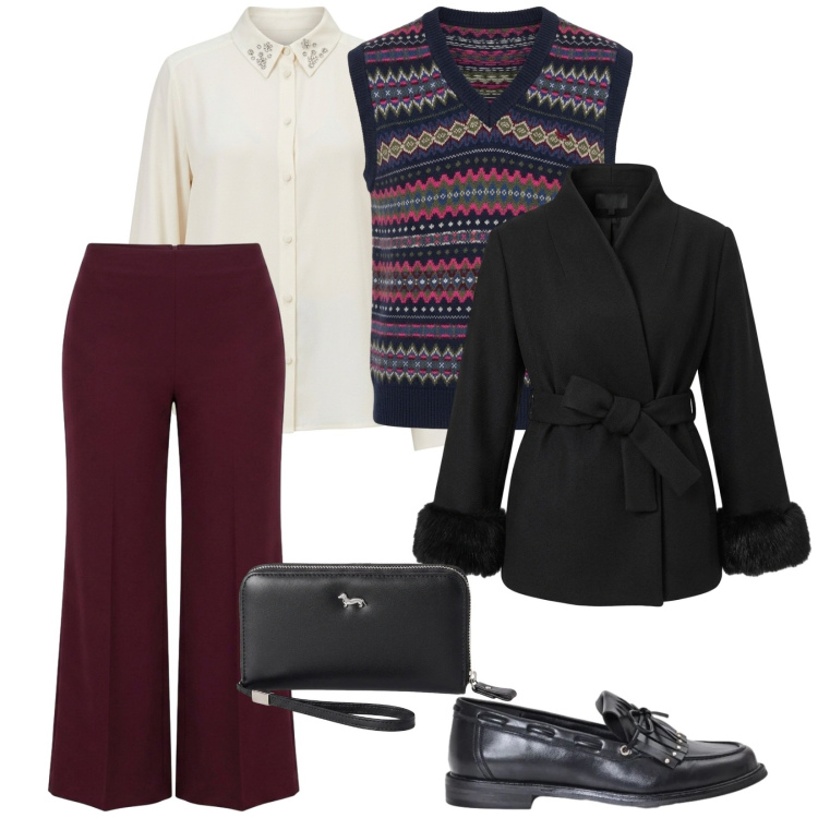 Outfit donna - Camicia e gilet. per Tutti i giorni. Abbinamento con portafogli, maglieria, pantaloni a palazzo, camicie, caban, mocassini.