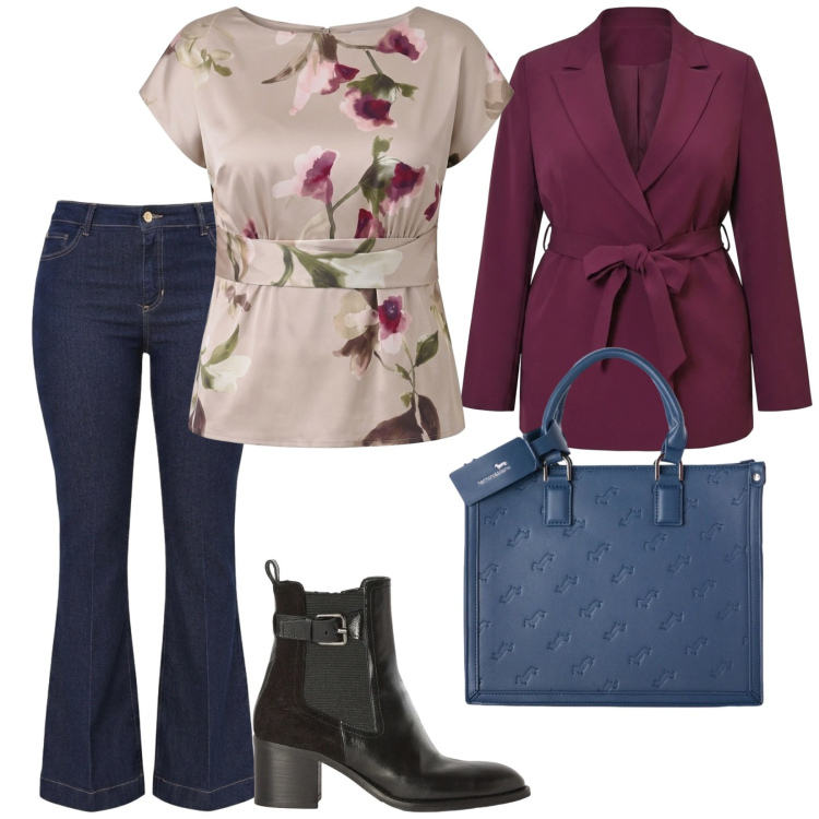 Outfit donna - Denim. per Tutti i giorni. Abbinamento con borse a mano, stivaletti, blazer, bluse, jeans a zampa.
