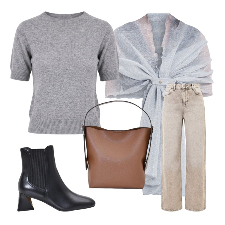Outfit donna - Maglia passe-partout. Stile Minimal per Serata fuori. Abbinamento con stole, borse a mano, stivaletti, jeans dritti, maglieria.