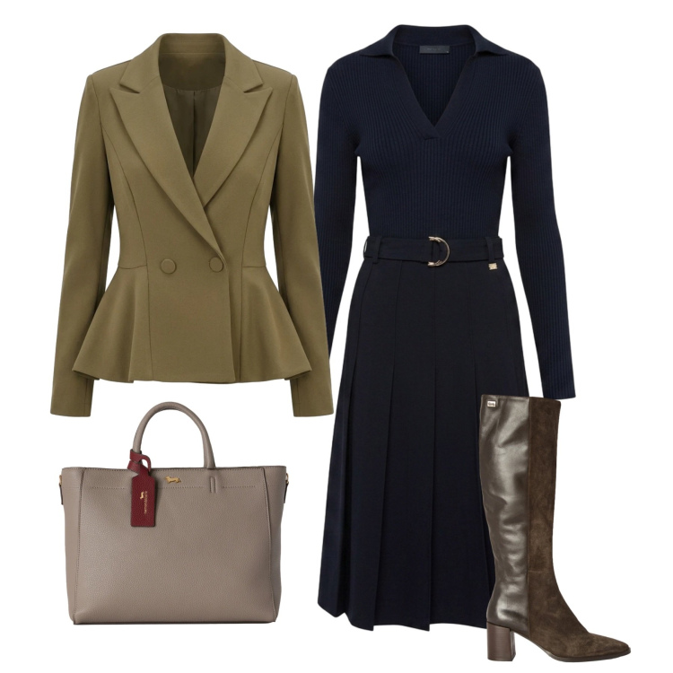 Outfit donna - Minimalismo Anni '90. Stile Minimal per Ufficio. Abbinamento con vestiti midi/longuette, borse a mano, stivali, blazer.