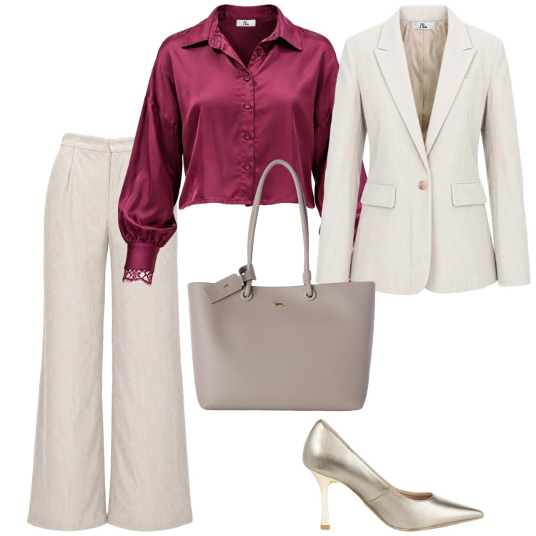 Outfit donna - Il completo chiaro. per Ufficio. Abbinamento con blazer, camicie, pantaloni a palazzo, shopping bag, décolleté.