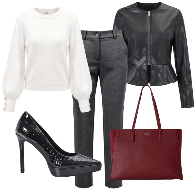 Outfit donna - Minimalismo Anni '90. Stile Bon Ton per Ufficio. Abbinamento con pantaloni, maglieria, shopping bag, décolleté, giacche.