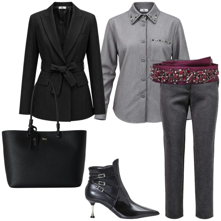 Outfit donna - Al ristorante. per Serata fuori. Abbinamento con pantaloni, camicie, blazer, shopping bag, stivaletti, cinture.