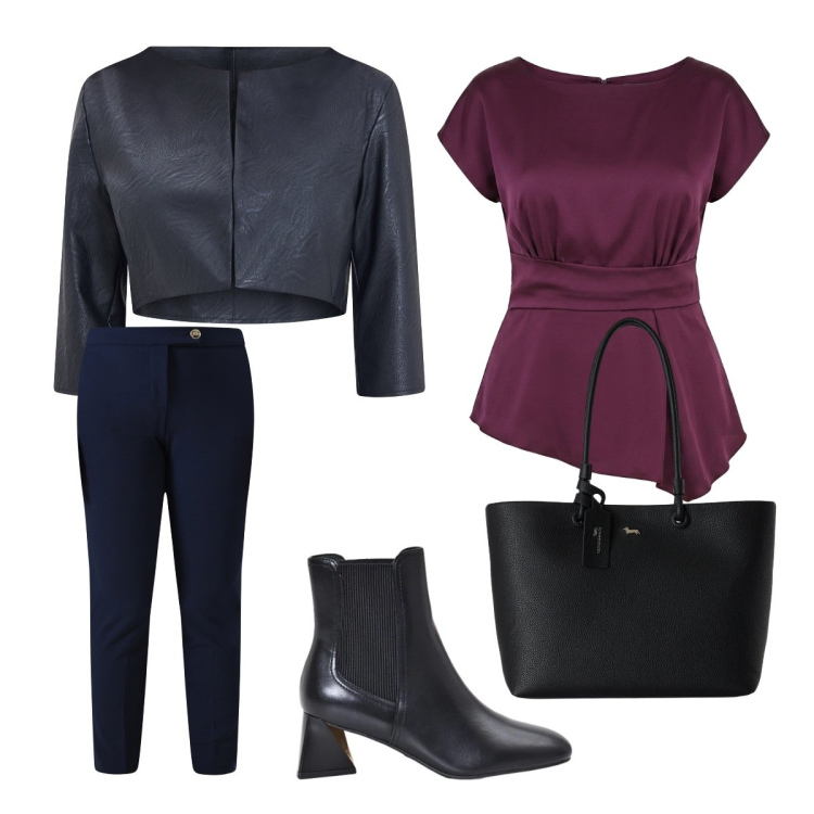 Outfit donna - Pantaloni curvy. Stile Chic per Cerimonia. Abbinamento con shopping bag, bolero, pantaloni skinny, stivaletti, bluse.
