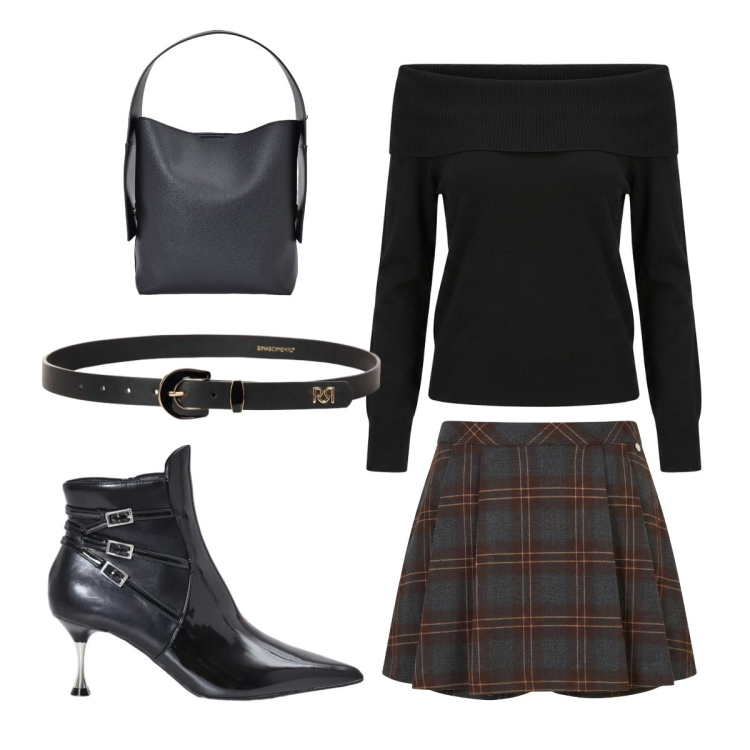 Outfit donna - Nero Rinascimento. Stile Casual chic per Serata fuori. Abbinamento con borse a spalla, cinture, stivaletti, minigonne, maglieria.