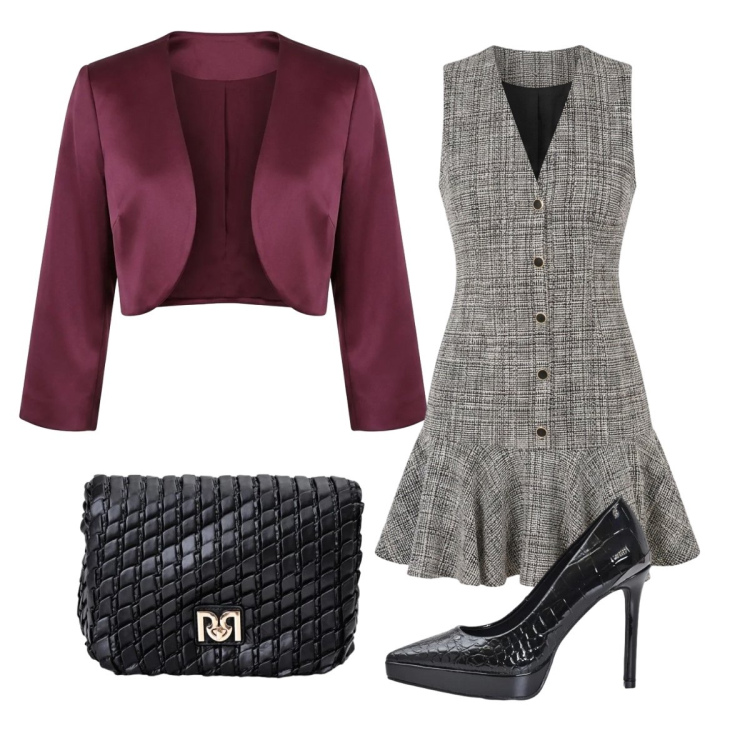 Outfit donna - Total Rinascimento. Stile Chic per Serata fuori. Abbinamento con bolero, borse a tracolla, décolleté, vestiti corti.