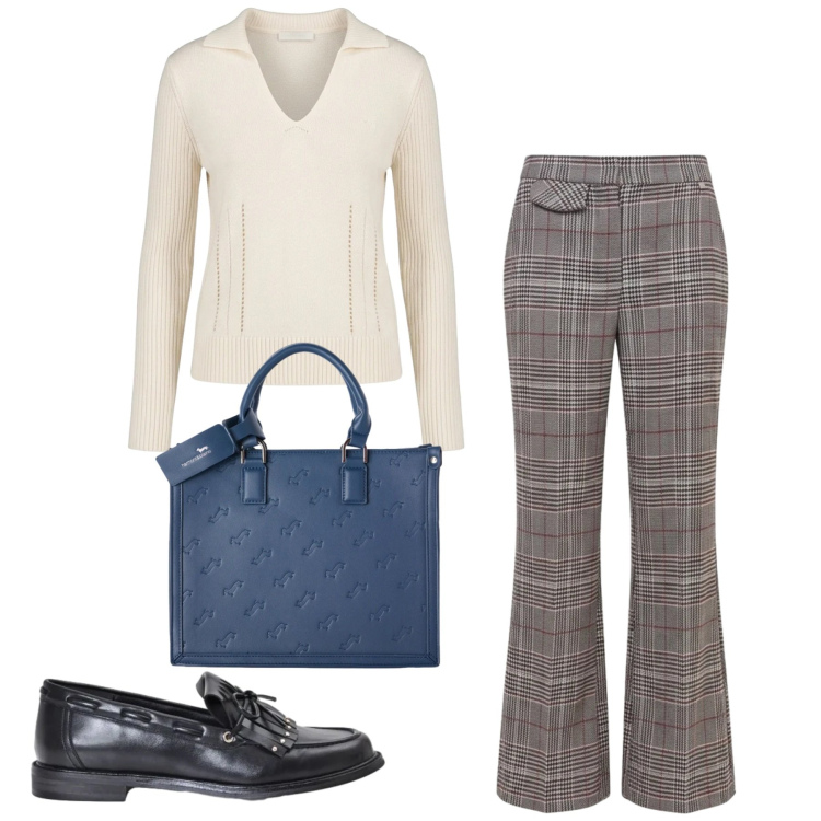 Outfit donna - Easy. Stile Basic per Tutti i giorni. Abbinamento con borse a mano, maglieria, mocassini, pantaloni.