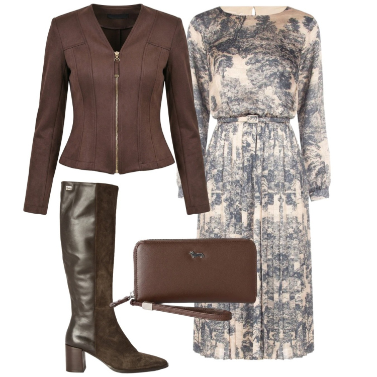 Outfit donna - Elegante. Stile Chic per Tutti i giorni. Abbinamento con portafogli, stivali, blazer, vestiti midi/longuette.