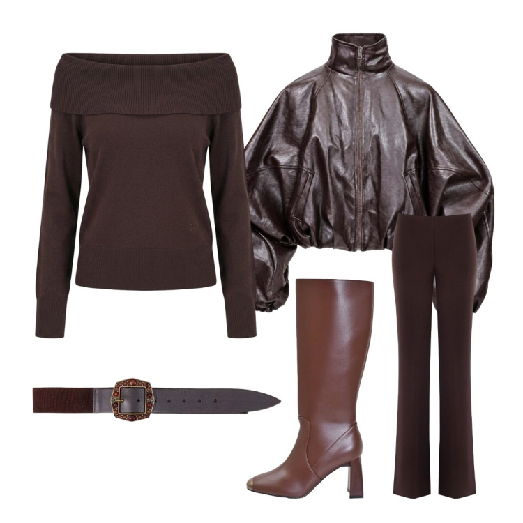 Outfit donna - La cintura con la fibbia preziosa. Stile Minimal per Tutti i giorni. Abbinamento con bomber, cinture, stivali sopra il ginocchio, pantaloni a palazzo, maglieria.