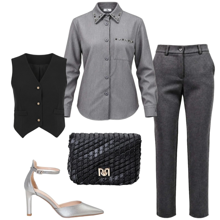 Outfit donna - Total look #2500148. Stile Chic per Ufficio. Abbinamento con pantaloni, camicie, borse a tracolla, décolleté, gilet.