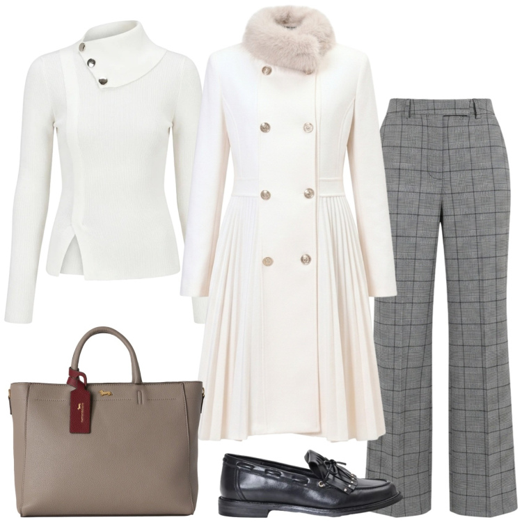 Outfit donna - Ufficio elegante-cerimonia informale. Stile Chic per Ufficio. Abbinamento con borse a mano, pantaloni, mocassini, pullovers, cappotti.